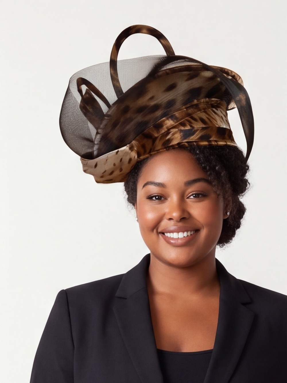 Perchè Couture Leopard Print Fascinator Church Hat Mesh Veil Birdcage Veil